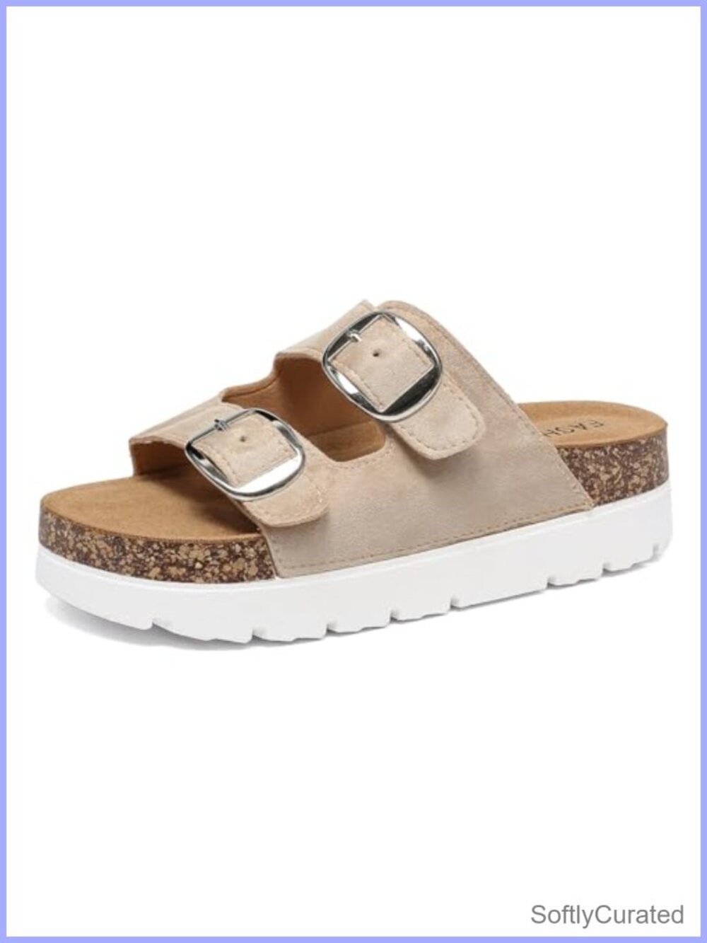 Cork Footbed Platform Slide Sandals Double Buckle Adjustable Strap Casual